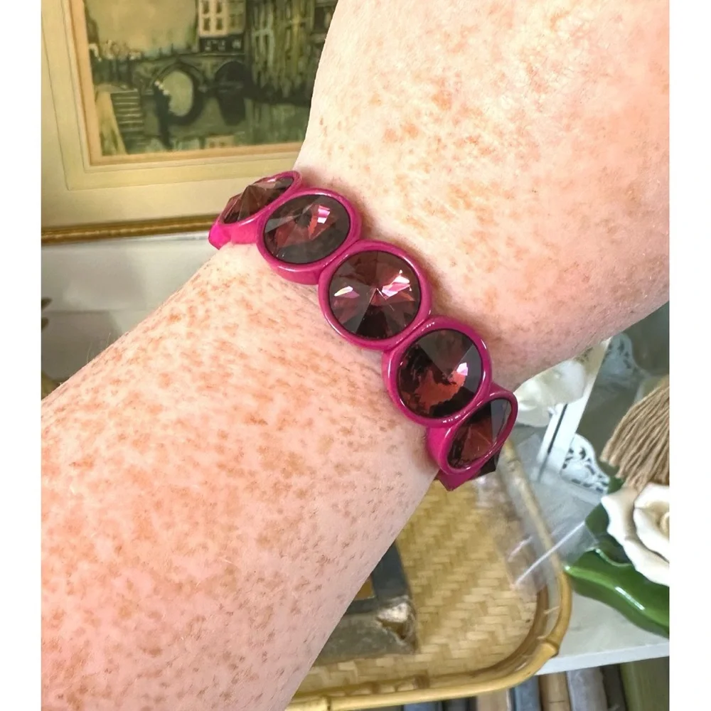 Dark Pink Big Crystal Elastic Enamel Stretch Bracelet, NEW